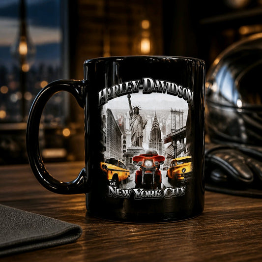 Harley Davidson Of NYC Dealer Skyline Yellow Cab coffee mug Ace