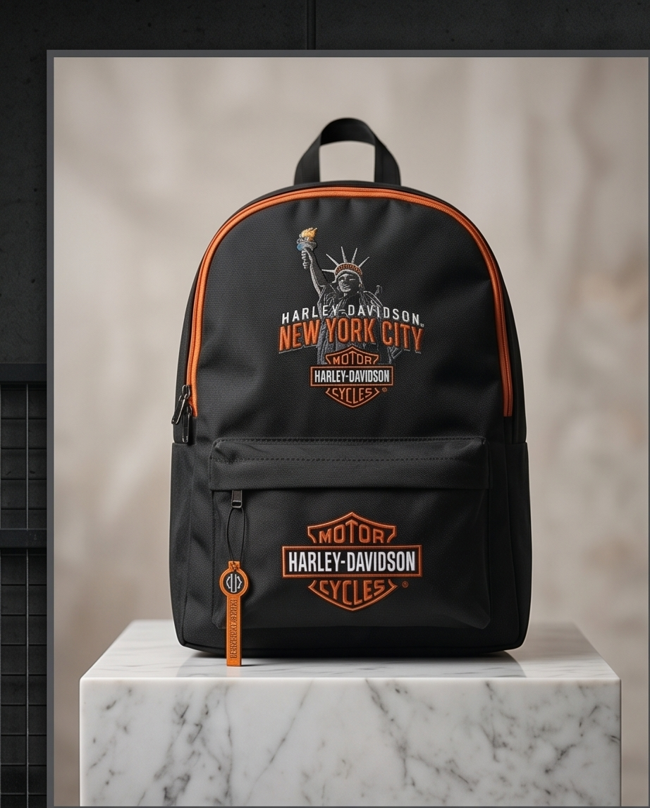Harley Davidson NYC backpack featuring iconic skyline design and premium durability.