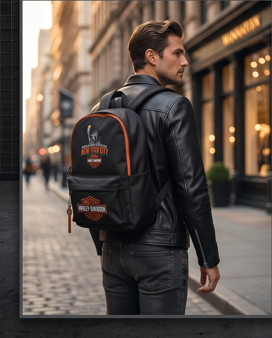 Man wearing a leather jacket carrying a Harley Davidson NYC backpack in a city street setting.