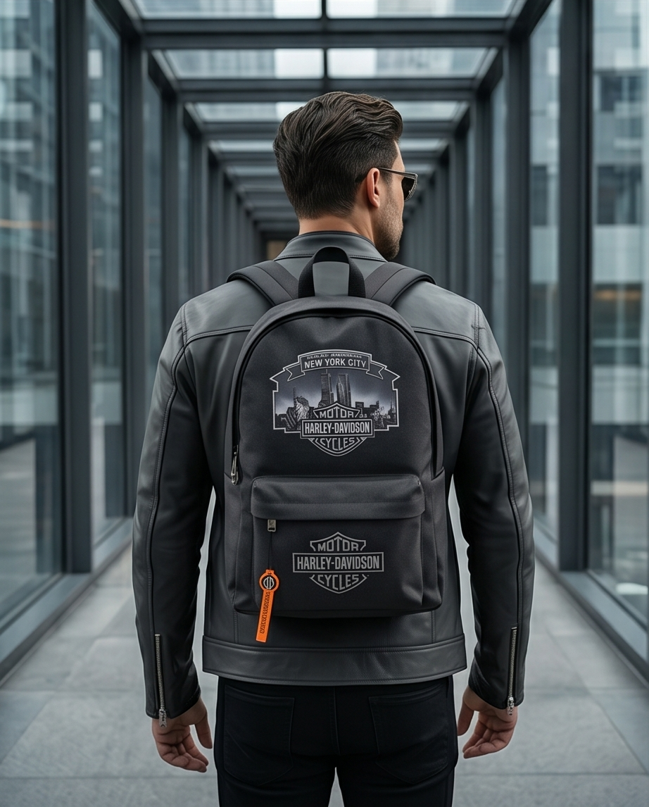 Harley Davidson NYC skyline backpack worn by a man in a stylish black leather jacket, showcasing the Twin Towers design.