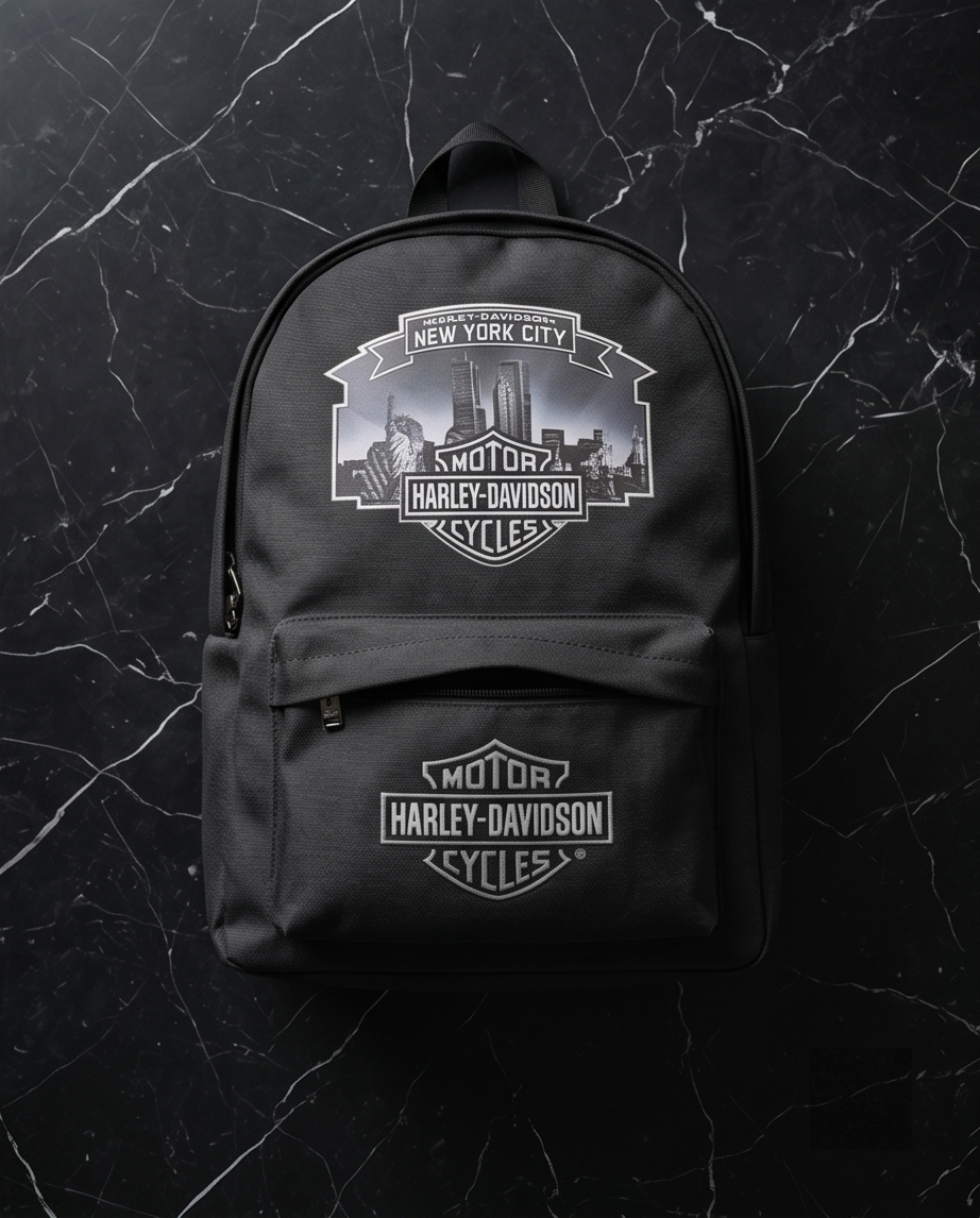 Harley Davidson NYC skyline backpack featuring iconic Twin Towers design on a black background.