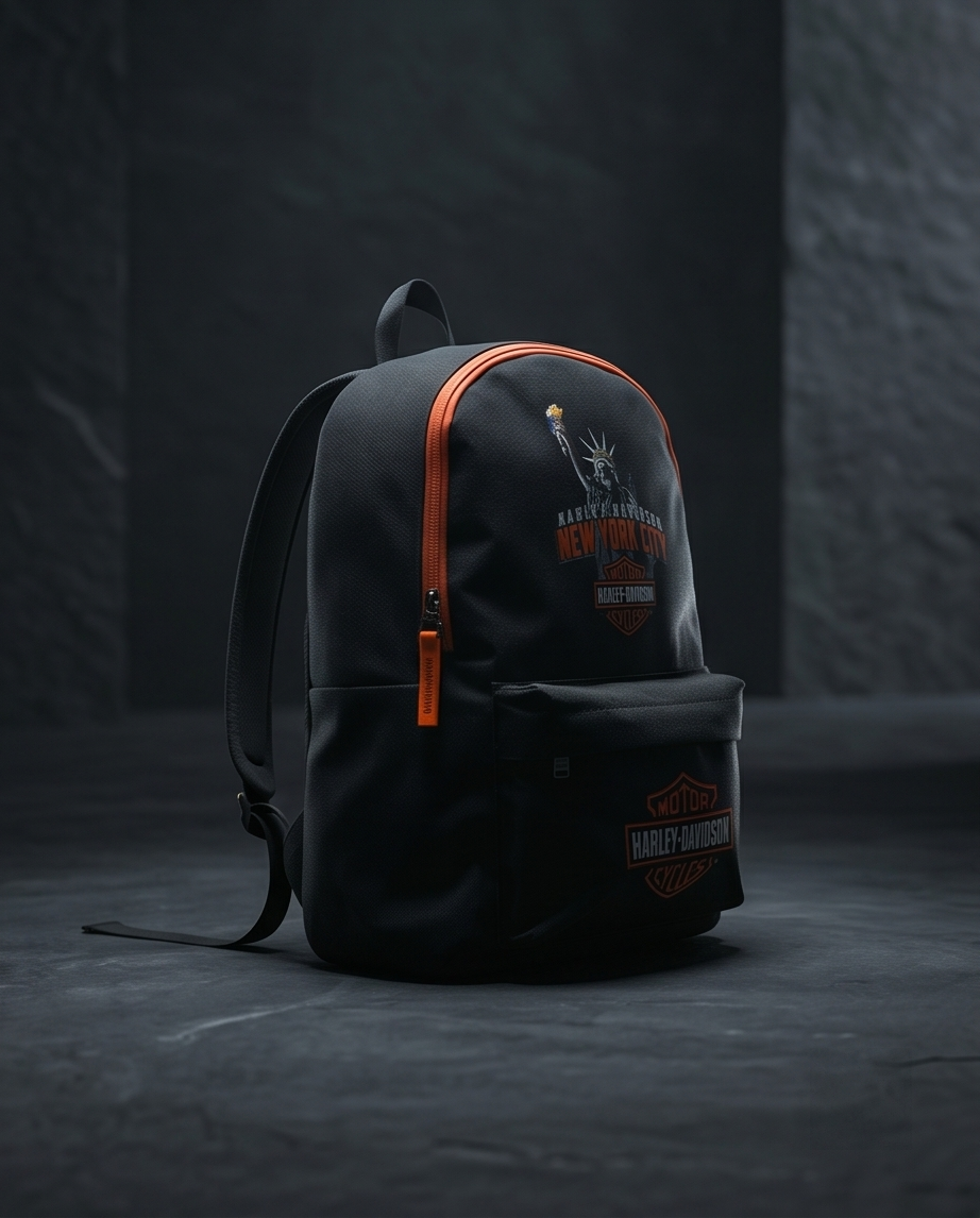 Harley Davidson NYC backpack featuring iconic skyline and branding, perfect for riders and enthusiasts.