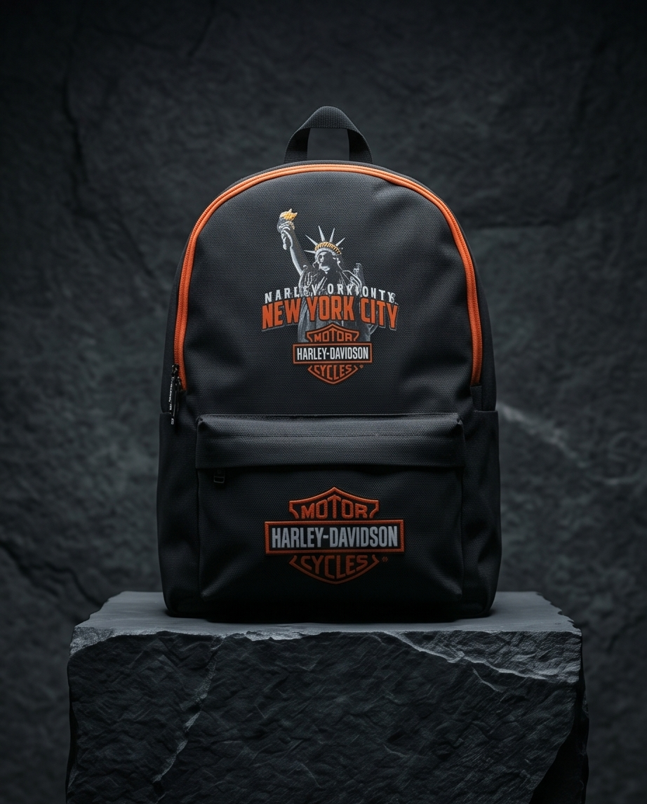 Harley Davidson NYC backpack featuring iconic skyline design and rugged style, perfect for riders and enthusiasts.