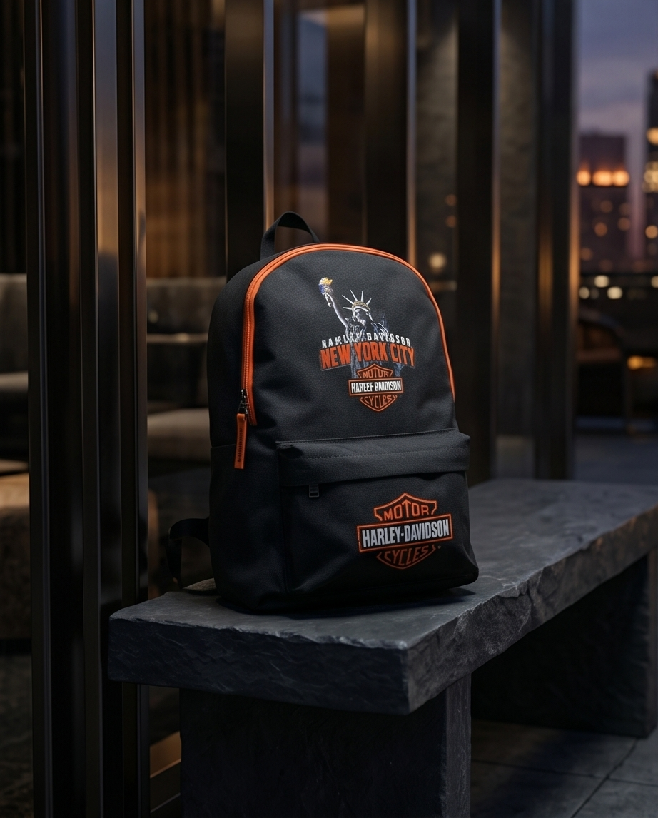 Harley Davidson NYC backpack featuring skyline design, black with iconic logo, perfect for riders and urban enthusiasts.