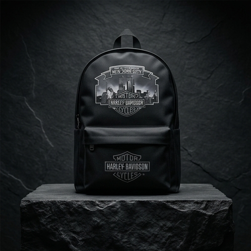 Harley Davidson NYC skyline backpack featuring iconic Twin Towers design on a durable black pack.