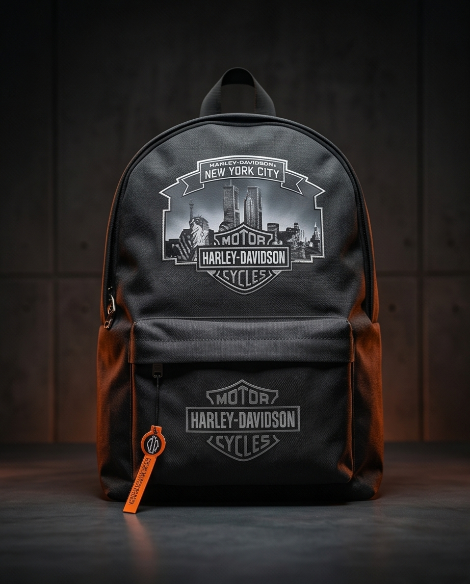 Harley Davidson NYC skyline backpack featuring Twin Towers design in black, ideal for urban adventures.